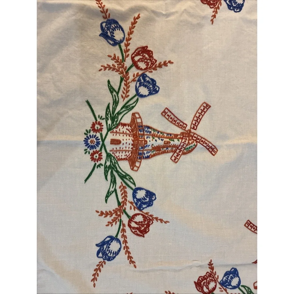 VTG White Linen Table Topper Hand Embroidered Tulips Windmills 32x33
